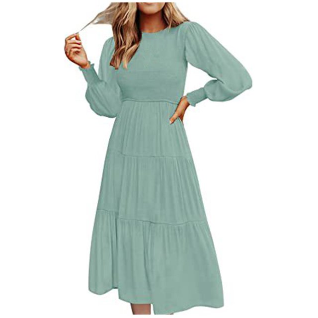 Pisexur Robe à Manches Longues à Col en V Femme Hiver Mode Manches Longues Col Rond Robe Longue Unie Caractéristiques Robe Femme en Liquidation