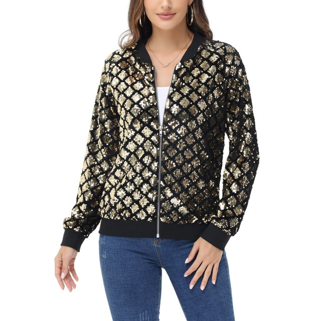 Womens Long Sleeve Sequin Front Zip Jacket Long Sleeve Ribbed Cuffs Outerwear Tops