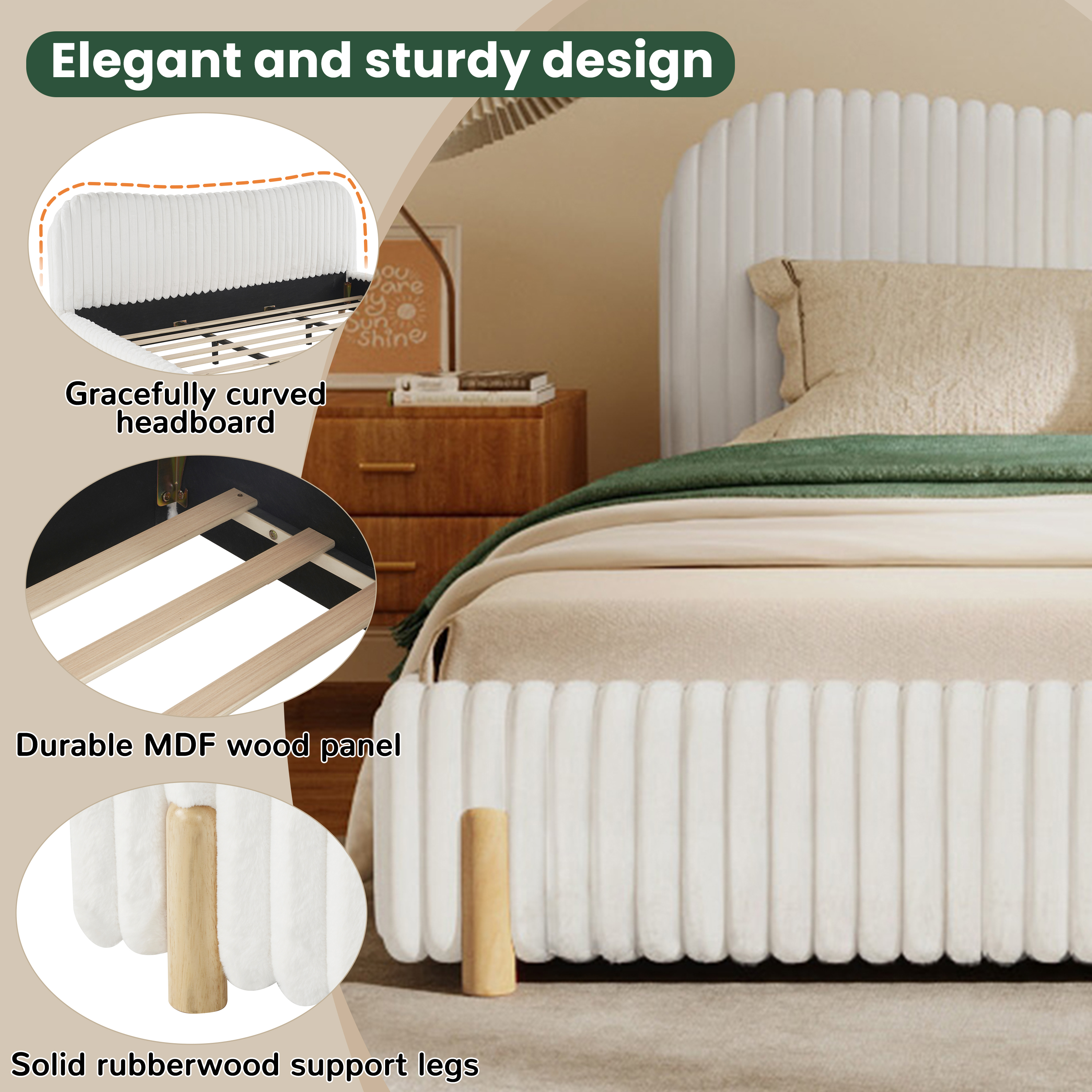 Homy Casa King Platform Bed Frame with Curved Plush Upholstered Headboard, Wood Slats, White