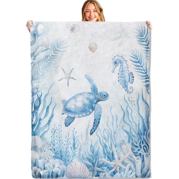 Sea Turtle Beach Throw Blanket,60x80in,Soft,Lightweight Flannel,Serene Underwater Seahorse Blankets - Gifts for Adult & Ocean Lovers,for Couch Office Travel,Home Living Room Decor