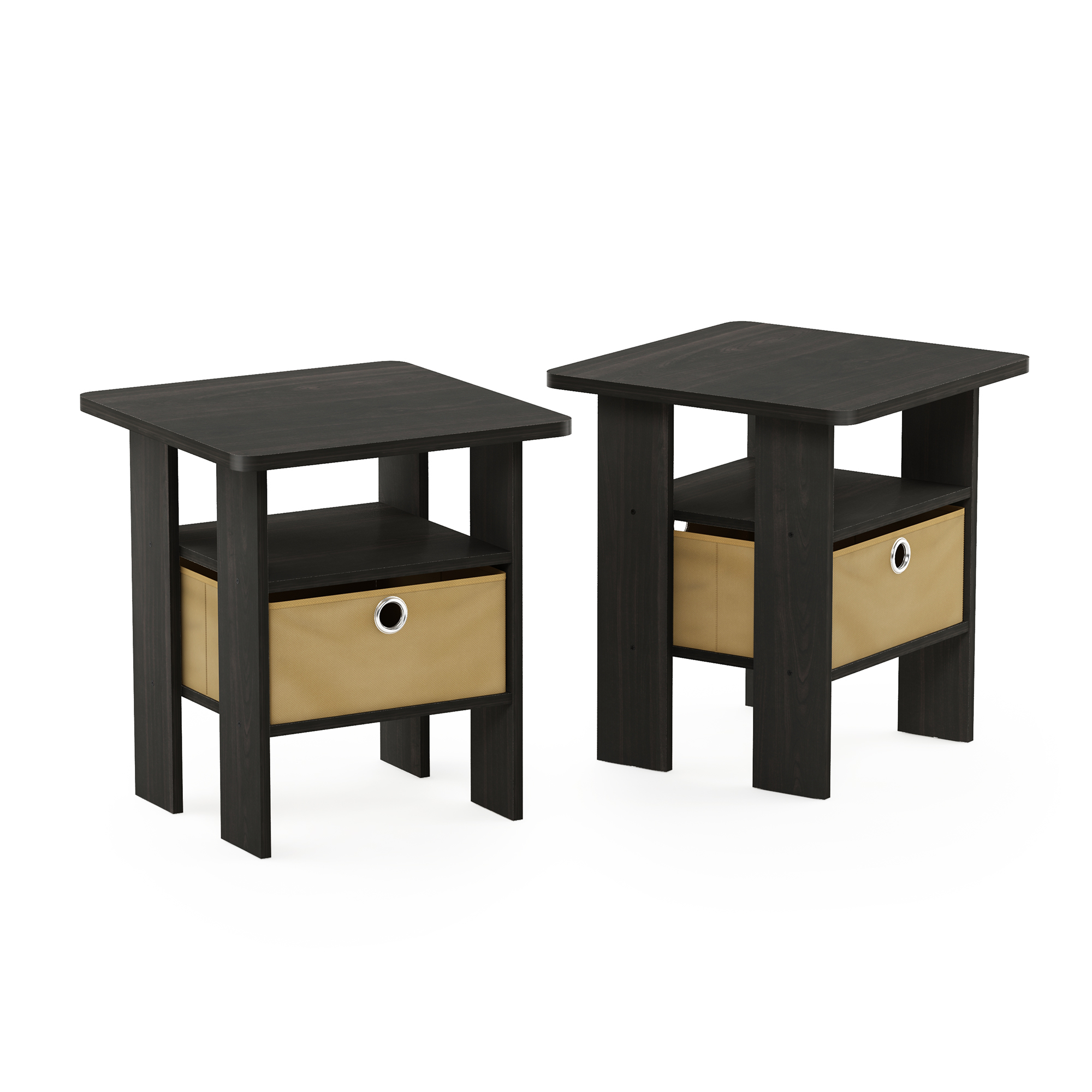 Furinno Andrey Side Table Set of 2, 2-Tier Black End Table, Open Shelf Night Stand with Storage Bin, Nightstand, for Living Room, Bedroom, Home Office, Black Espresso