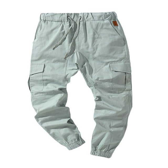 Men Solid Color Cargo Trousers Loose Fit Drawstring Waist Long Pants