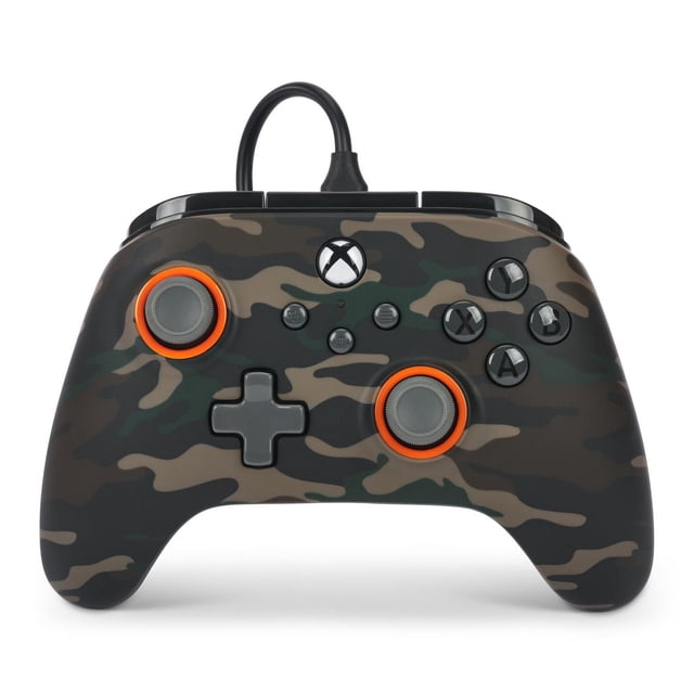 PowerA Manette Filaire Advantage pour Xbox Series X/S à Motif Camouflage woodland avec Doubles sticks Analogiques avec Anneaux orange, Pavé Directionnel, Boutons ABXY, Bouton logo Xbox et Câble USB-C Filaire, Conçue avec Prise Ergonomique, Boutons Avancés Mappables et Verrous à Gâchette 3 Voies pour un Contrôle de Jeu Précis.