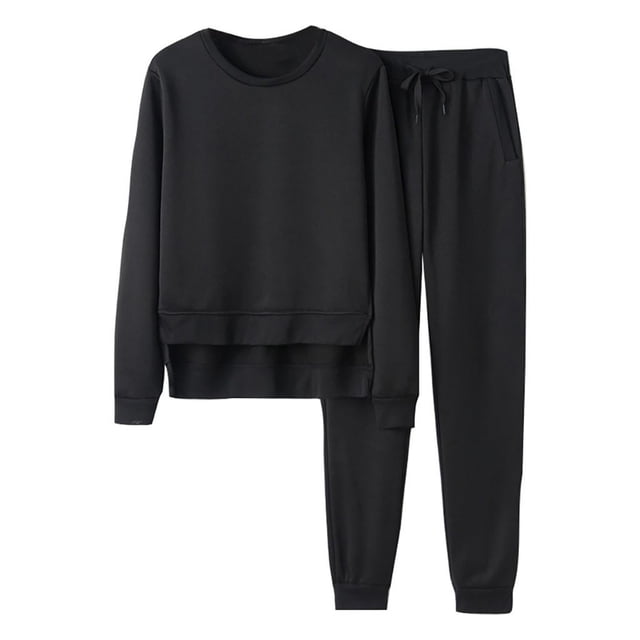 FAIWAD Ensemble 2 Pcs pour Femmes Col Rond Chandail en Molleton Fendu Irrégulier Pantalon de Survêtement Chandail