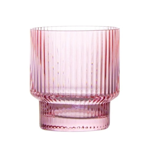 Striped Whiskey Glass 11.5 oz in pink-tinted lead-free crystal featuring vertical ribbed texture and inverted bottom for ergonomic grip, ideal for whiskey and beverage drinkware in dining and entertaining settings.