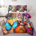 thumbnail image 1 of Ensemble de Douillette Complète Guitare Électrique - Ensemble Lit en Sac 7 Pcs Turquoise Butterfly Literie Complète, Notes de Musique Pop Rock Moderne Douillette Musicale avec Draps-Housses, Draps Plats, Taies d'Oreiller et Couvre-Oreillers, 1 of 5