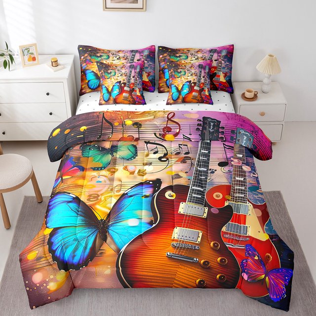 Ensemble de Douillette Complète Guitare Électrique - Ensemble Lit en Sac 7 Pcs Turquoise Butterfly Literie Complète, Notes de Musique Pop Rock Moderne Douillette Musicale avec Draps-Housses, Draps Plats, Taies d'Oreiller et Couvre-Oreillers