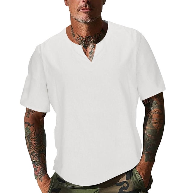 Shirts for Men, Mens Solid Color Round Neck Irregular Pullover Short Sleeve V-neck Blouses Shirts
