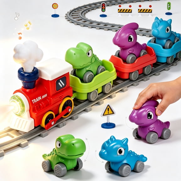 Train Set for Toddlers w/Steam Music & Lights - Electric Train Toys for Kids w/Tracks Including 3 Dinosaur Cars and 3 Trailers Christmase Birthday Gifts for Boys Girls 3 4 5 6+ Years Old
