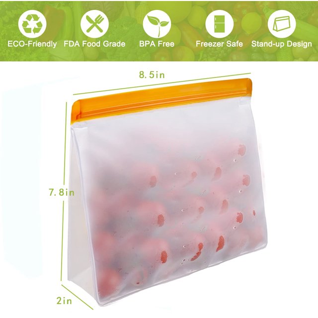 Reusable Storage Bags 5 Pack featuring stand-up leakproof design, made of food-grade PEVA material. The image shows a transparent bag with an orange ziplock closure, filled with red fruits. Dimensions are 8.5 x 7.8 x 2 inches. These eco-friendly, BPA-free, and freezer-safe bags are ideal for storing sandwiches, snacks, lunch, meat, fruit, cereal, and more.
