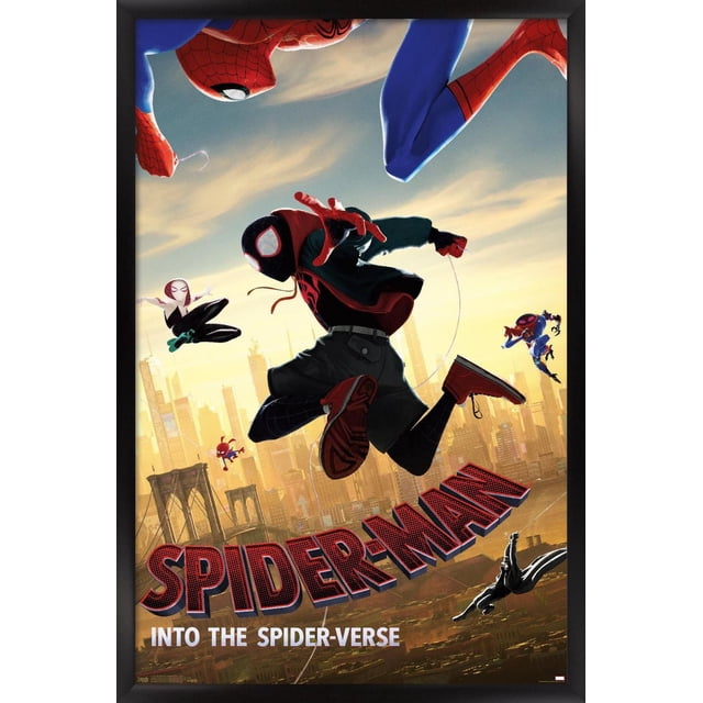 Marvel MCU - Spider-Man - Into The Spider-Verse - Affiche Murale de Plongée, 22,375 Pouces x 34 Pouces, Représentant Plusieurs Personnages de Spider-Man dans des poses Dynamiques Se Balançant sur une skyline de Ville au Coucher du Soleil, avec Texte de Titre Rouge et Noir Audacieux au Bas, Encadré en Noir avec une Finition Satinée, Convient à la Déco Intérieure dans les Chambres, Bureaux Ou Dortoirs.