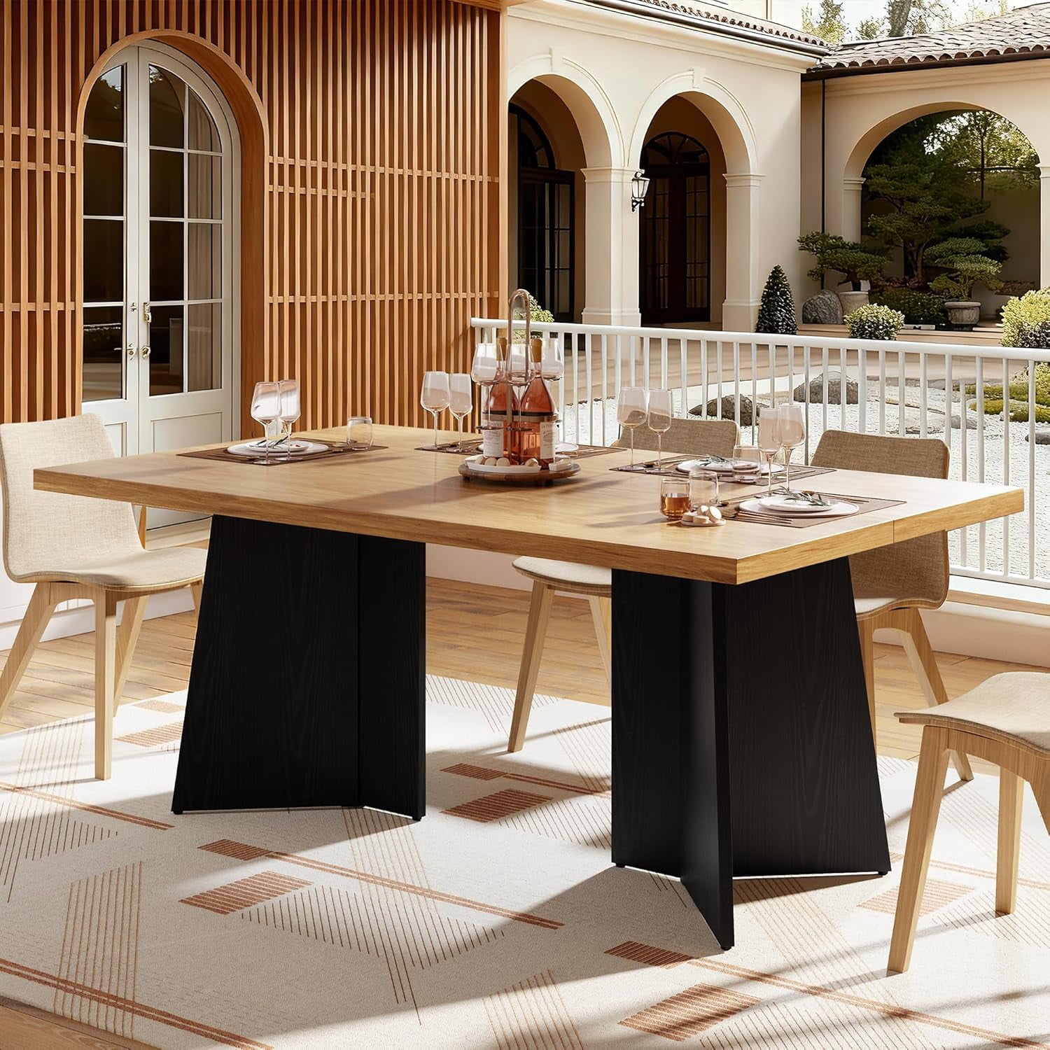 IdealHouse 63" Long Kitchen Table, Modern Dining Table for 6-8 with Large Tabletop and Heavy-Duty Pedestal Legs, Dinner Table for Home, Kitchen, Conference Room, Natural & Black