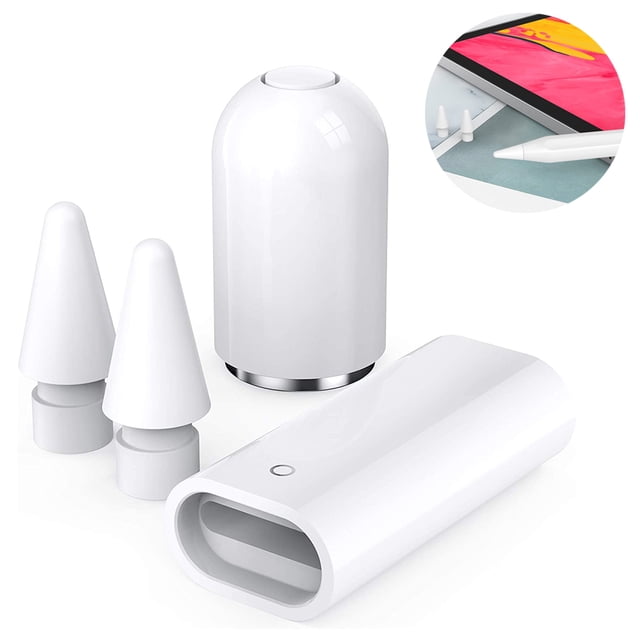 Replacement Pencil Tips for Apple Pencil 1st and 2nd Generation by Funavi, featuring upgraded stainless steel nibs with anti-scratch ball design for precise control and reduced friction. Includes three white fine-point nibs, a compact storage case, and a protective cap. Compatible with iPad Pro Pencil and iPencil.