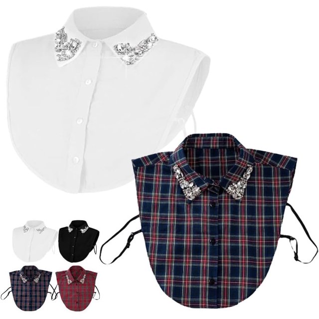 Red Christmas Plaid Rhinestone Detachable Collar, Women False Shirt Dickey Collar Fake Half Shirt