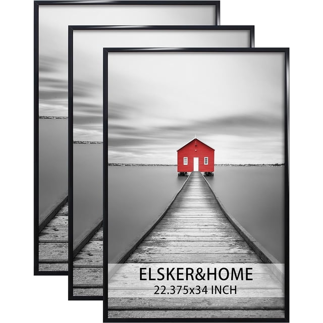 ELSKER&HOME 22.375 x 34 poster frame 3 pack in black, featuring a modern and scratch-resistant design suitable for horizontal or vertical wall mounting. Lightweight frames with durable MDF backboards and preinstalled hanging hardware ensure easy assembly. Perfect for displaying posters, photos, or prints in home, office, or gallery settings. Packaged securely for safe delivery, making it a great gift option.