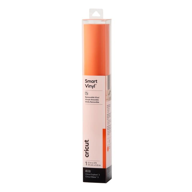 Cricut® Smart Vinyl™ Matless Removable Vinyl (3 ft), ORANGE roll in clear packaging with white label, 13 in x 3 ft, compatible with Cricut Explore® 3 and Cricut Maker® 3, suitable for creating removable indoor decals and craft projects without residue.