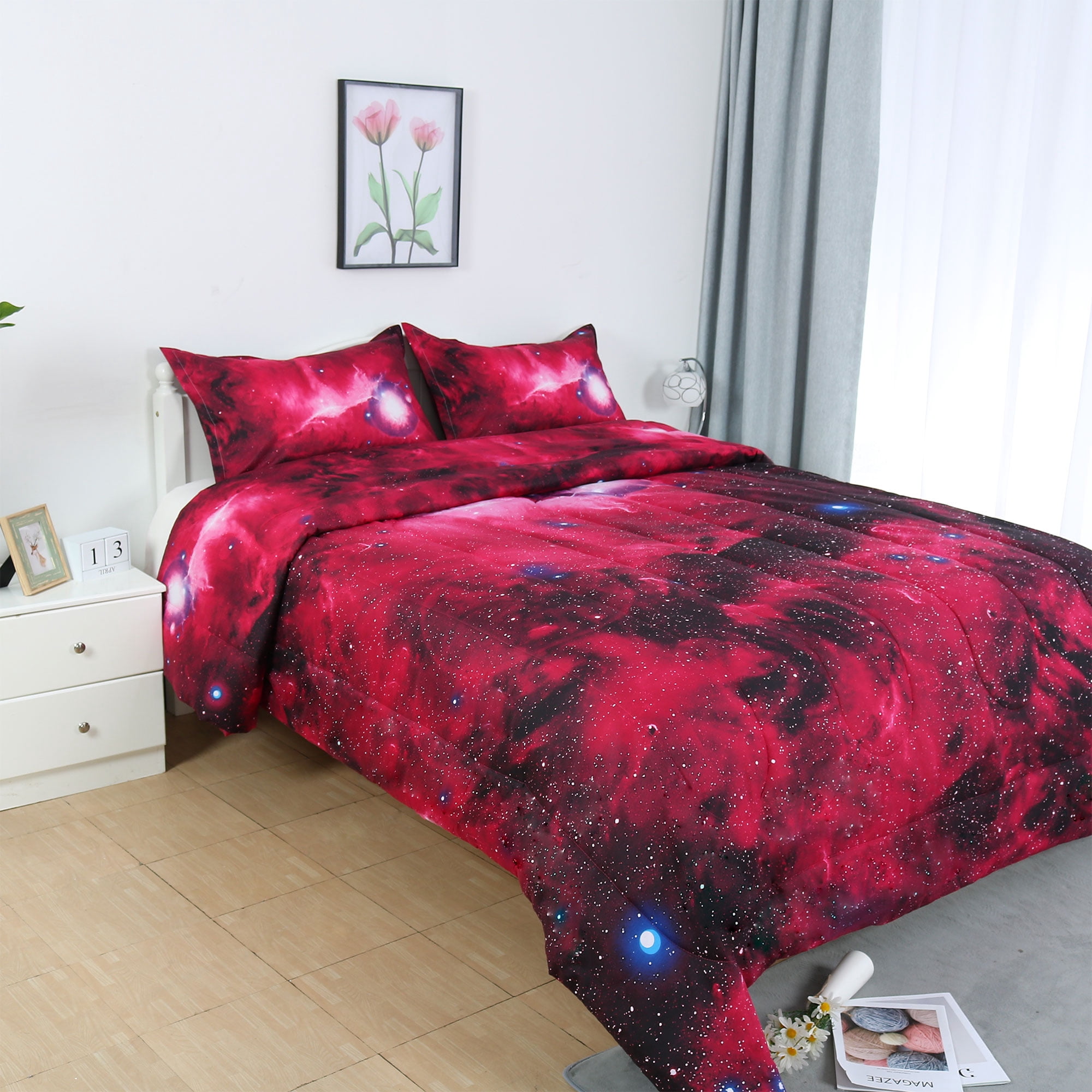 Unique Bargains Galaxies Red 3pcs Down Quilted Duvet, All-season