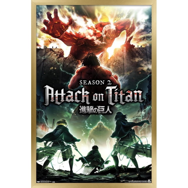 Attack on Titan - Affiche Murale Teaser Saison 2, 22,375 Po x 34 Po Mettant en Vedette une Affiche d'Anime Brillante avec un Titan Rouge colossal Qui Traverse un Mur Fissuré, Affrontant une Figurine Musclée aux Longs Cheveux Foncés et Trois Soldats en Capes Vertes Brandissant des Épées et des Accessoires de Manœuvre sous un Ciel Orageux, Convient à la Déco de Chambre d'Anime Ou à la Décoration de Fête.