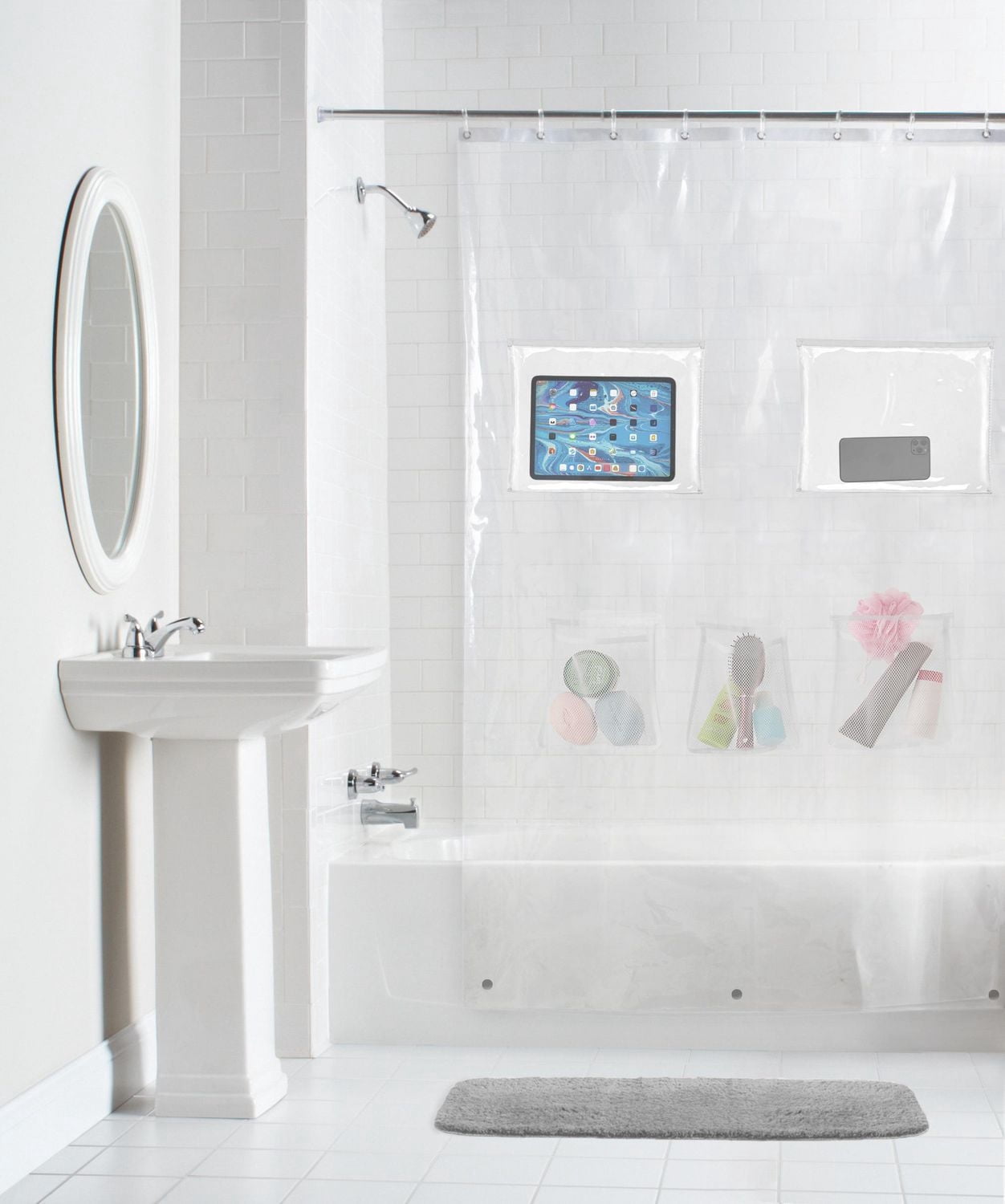Mainstays Heavyweight Waterproof PEVA Shower Curtain with 2 Waterproof and 3 Mesh Storage Pockets, 72" x 72", Clear