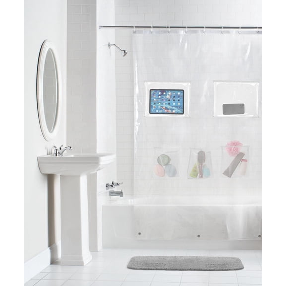 Mainstays Heavyweight Waterproof PEVA Shower Curtain with 2 Waterproof and 3 Mesh Storage Pockets, 72" x 72", Clear