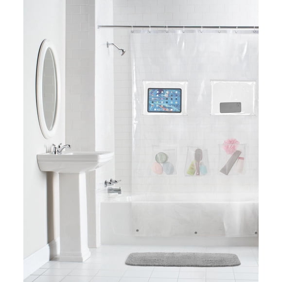 Mainstays Heavyweight Waterproof PEVA Shower Curtain with 2 Waterproof and 3 Mesh Storage Pockets, 72" x 72", Clear