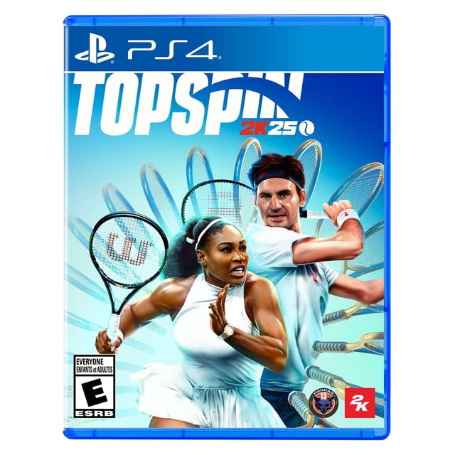 TopSpin 2K25 (PS4) video game cover featuring two tennis players in white athletic outfits holding rackets in dynamic action poses against a blue background with multiple tennis rackets fanned out behind them, rated E for Everyone by ESRB.