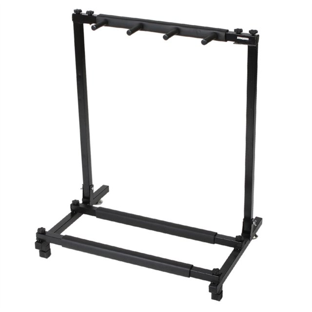 Multi Guitar Stand Triple Folding Holder Rack made of durable black iron, designed to hold up to three guitars including acoustic, electric, and bass models. Features soft black neoprene tubing for surface protection. Ideal for musical instrument accessories. Dimensions: 615x465x700mm.