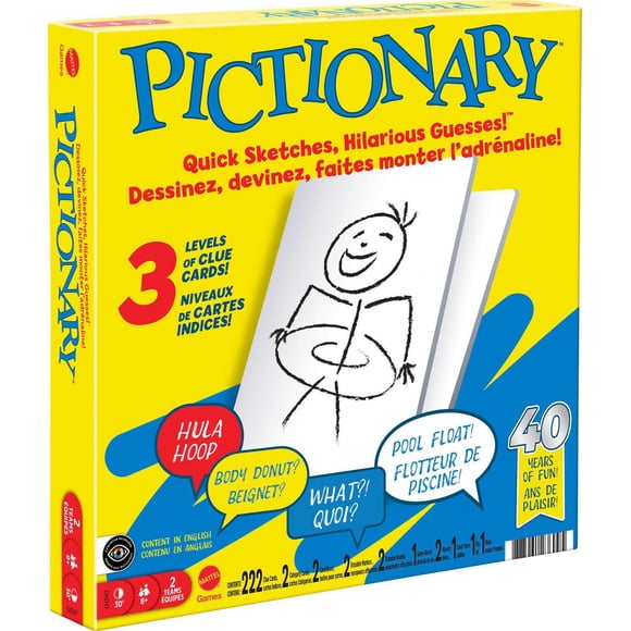 Pictionary Family Board Game for Kids, Adults and Game Night with Erasable Boards and Markers - English Version