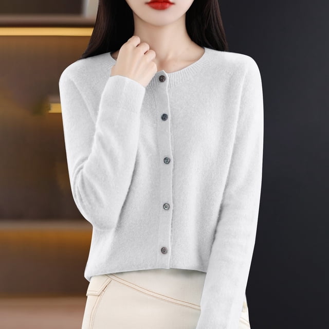 Baberdicy Haut en Tricot Uni pour Femme, Cardigan à Col Rond Ouvert à l'Avant, Cardigan Uni à Col Rond, Chandail en Tricot Décontracté, Haut de Tous les Jours Blanc P