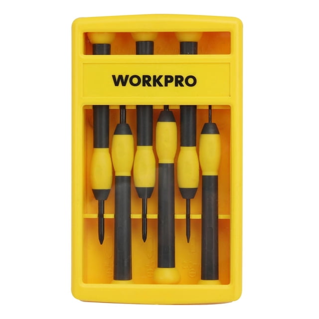 WorkPro 6-Piece Precision Screwdrivers set with black and yellow swivel-head handles in a yellow plastic case, designed for tight spaces in electronics and laptops, ideal for DIY repairs and eyeglasses maintenance.