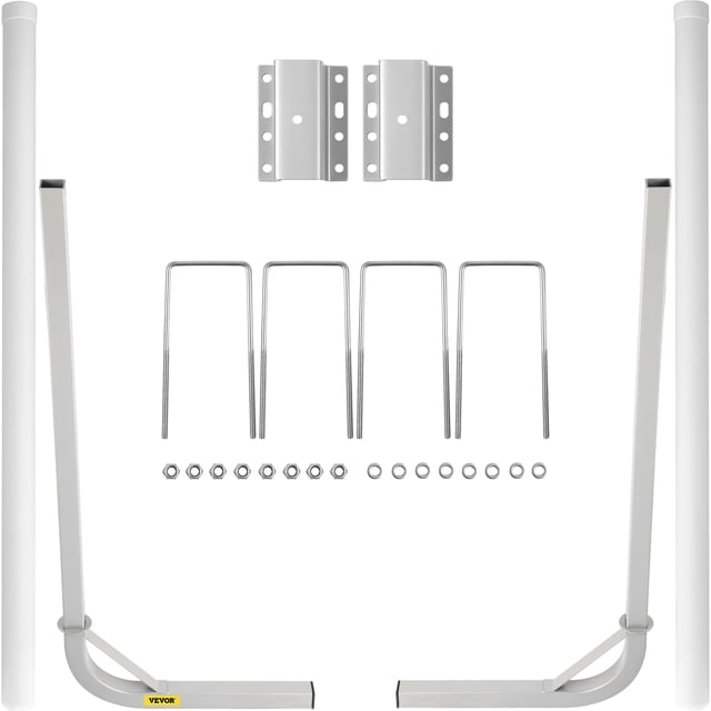 VEVOR Boat Trailer Guide-on 60-inch trailer post guide with two PVC tube covers. Includes two steel brackets, four U-bolts, mounting hardware, and two white PVC tubes with end caps. Adjustable width up to 14 inches, suitable for various boat trailer frames. Made of heavy-duty powder-coated steel for durability and resistance to rust, ideal for use in saltwater environments. Designed to prevent boat scratches and simplify loading for ski boats, fishing boats, and sailboat trailers.