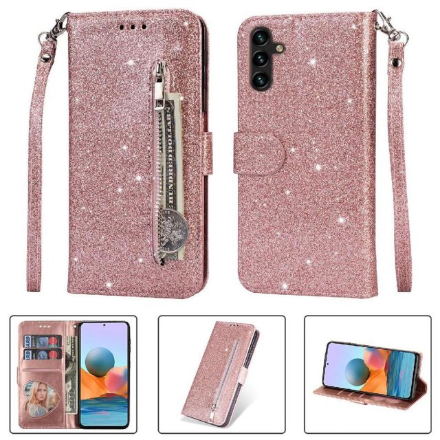 Case for FOXDOCK Samsung Galaxy A34 5G Glitter Zipper Wallet Case with Short Hand Strap