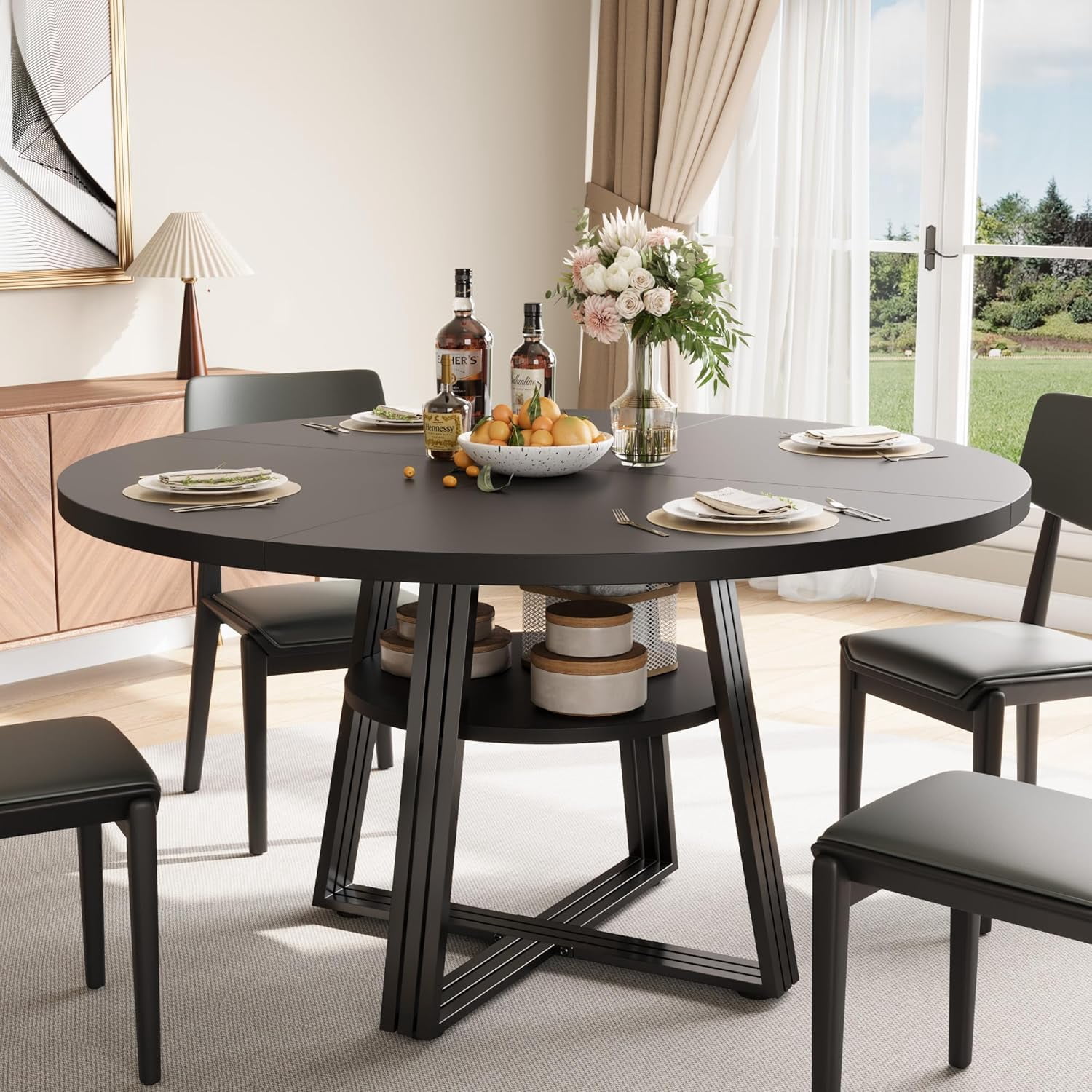 Round Dining Table for 4-6, 47.2" Farmhouse Kitchen Table with Storage, Circle Dinner Tables for Kitchen, Dining Room, Living Room, Meeting Room, Apartment (Black)