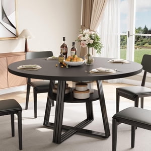 Round Dining Table for 4-6, 47.2" Farmhouse Kitchen Table with Storage, Circle Dinner Tables for Kitchen, Dining Room, Living Room, Meeting Room, Apartment (Black)