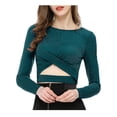 thumbnail image 1 of INSPIRE CHIC Women's Twist Long Sleeve Cut Out Front Glitter Cross Crop Tops, 1 of 5