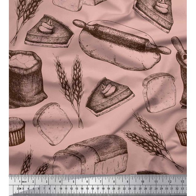 Soimoi Modal Satin Fabric Rolling Pin,Wheat & Sandwich Bread Food Decor Fabric Printed Yard 42 Inch Wide