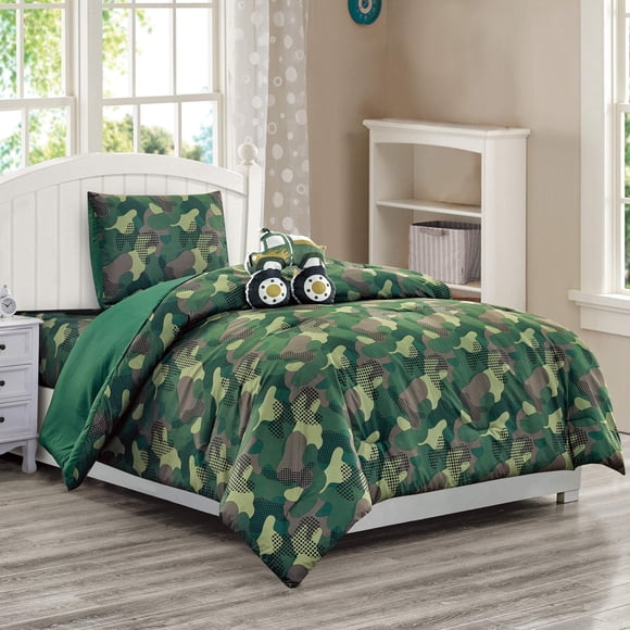 WPM Ensemble de Literie pour Enfants 4 Pcs Garçons Vert Armée Taille Simple Ensemble de Couette avec Drap Taie d'Oreiller et Camion Militaire Jouet Désert Camouflage Design d'Uniforme (Camouflage Militaire, Couette Simple)