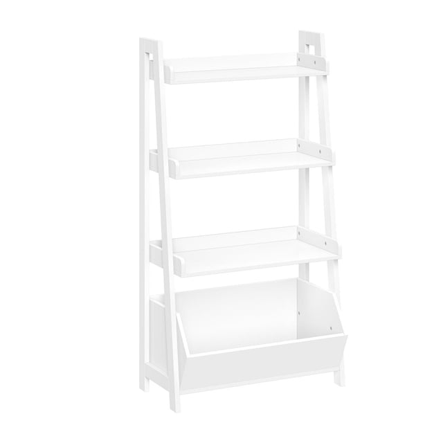 RiverRidge Home® Amery 4-Tier 24in Ladder Shelf with Open Storage Organizer in white, featuring three open shelves with varying depths and a large lower storage bin, ideal for organizing towels, books, or toys in bathrooms, playrooms, or offices.