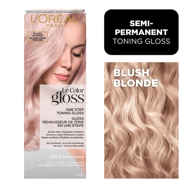L'Oréal Paris Le Color Gloss One Step Hair Gloss in Blush Blonde, a semi-permanent toning gloss that enhances hair color, boosts shine, and deeply conditions without ammonia or damage, suitable for up to 3 applications in a 118 ml bottle.