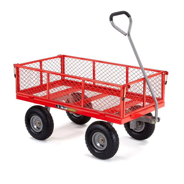 Gorilla Carts Steel Utility Cart with Removable Side Panels, 800 lb Capacity, Red. A heavy-duty steel utility cart with a powder-coated mesh bed measuring 38 inches by 20.86 inches, equipped with four 10-inch pneumatic tires for reliable all-terrain performance. Includes removable side panels for flatbed conversion, a straight pull handle for ergonomic control, and an 800-pound load capacity, ideal for gardening, landscaping, and hauling heavy materials.