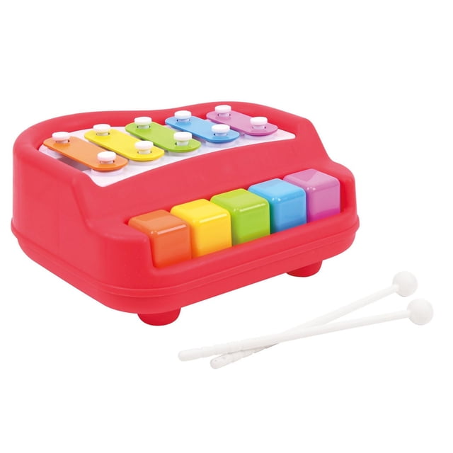 Kid connection Xylophone et Piano 2-en-1 3 Pcs avec une base en Plastique Rouge, Cinq Touches de Piano Colorées en orange, Jaune, Vert, Bleu et Violet, un Xylophone Arc-en-Ciel sur le Dessus, et Deux Maillets Blancs, Idéal pour les Enfants de 18 Mois et Plus pour Explorer la Musique et le Rythme.