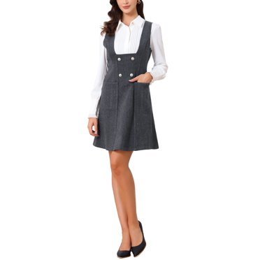 Allegra K Robe Tablier pour Femmes, Salopette à Double Boutonnage, Bretelles, TP, Gris Foncé