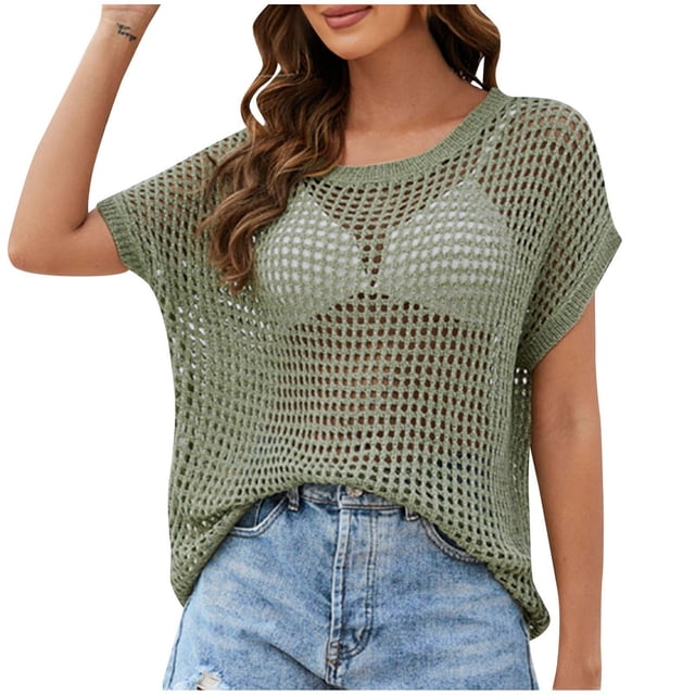 Yuyuzo Hauts au Crochet pour Femmes Manches Courtes Chemises d'Été Col Rond Chandail Ajouré à Enfiler Haut