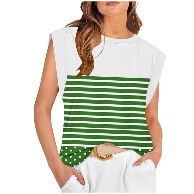 Scyoekwg Débardeurs Décontractés pour Femmes Débardeurs à Col Rond Hauts Sans Manches Hauts pour Dames Camisoles T-Shirts à Rayures Patchwork T-Shirt Graphique Ample Blouses Décontractées d'Été (Vert,P)