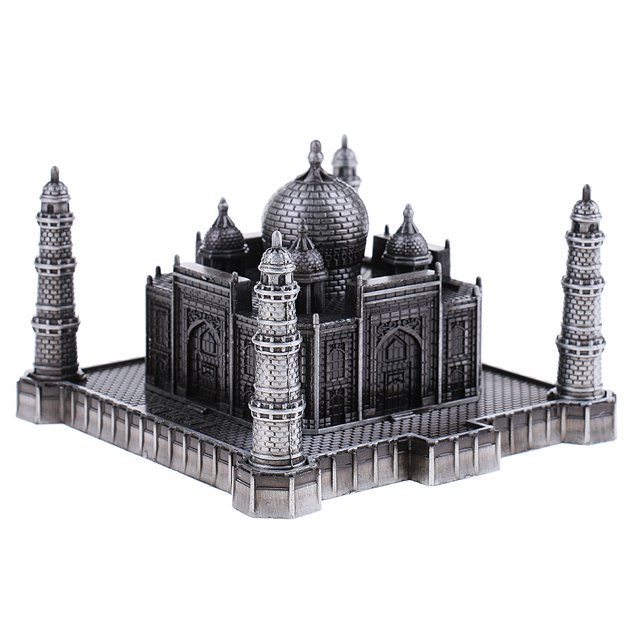 Handcraft Indian Souvenir Taj Mahal Statue in gray, made of iron, showcasing intricate architectural details of the iconic Taj Mahal. Approximate dimensions are 13 x 13 x 8.5 cm (5.2 x 5.2 x 3.35 inches). Perfect for home décor or as a thoughtful gift.