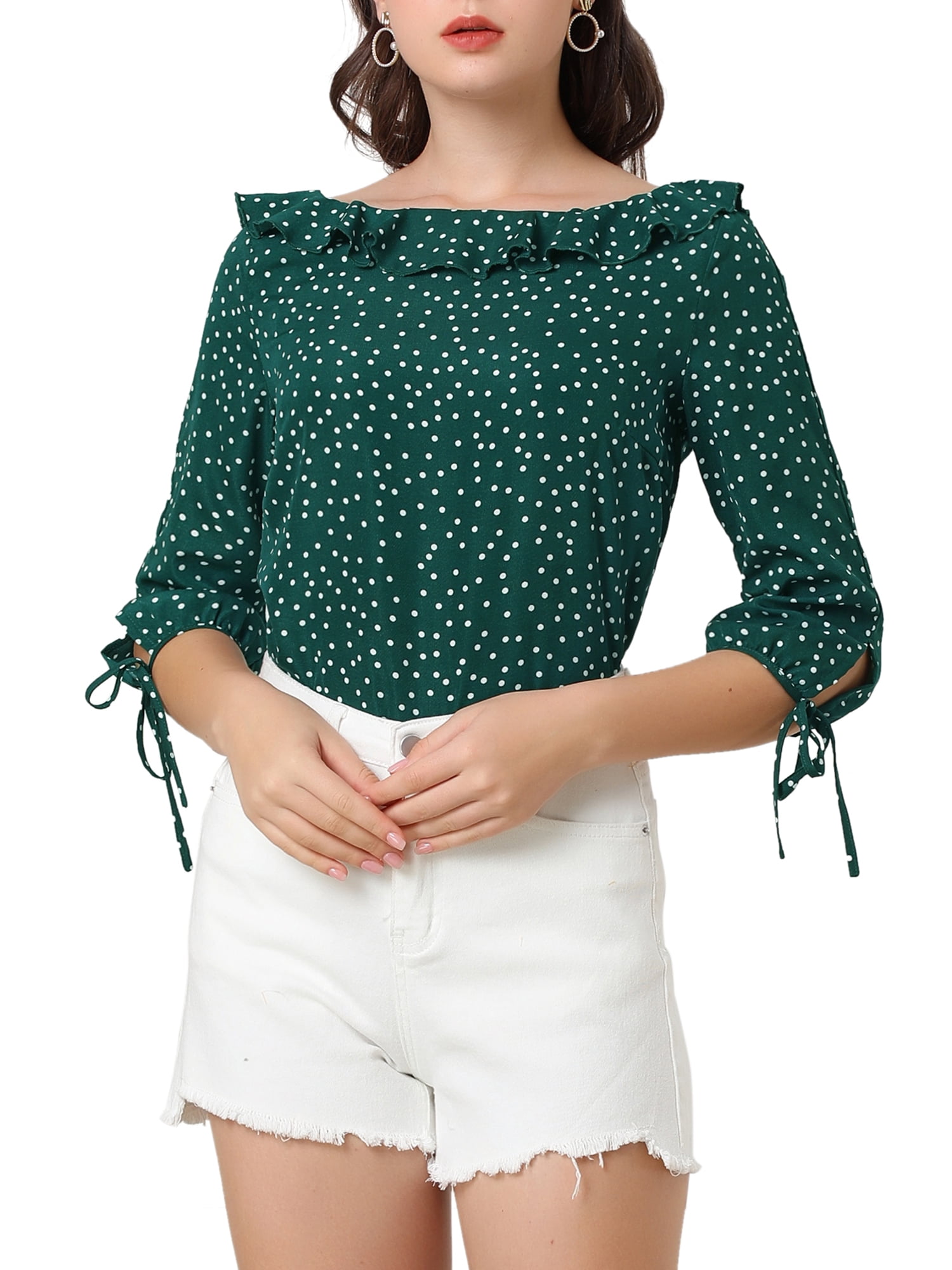 INSPIRE CHIC Women's Ruffled Neck Half Sleeve Sheer Summer Polka Dots Blouse Tops