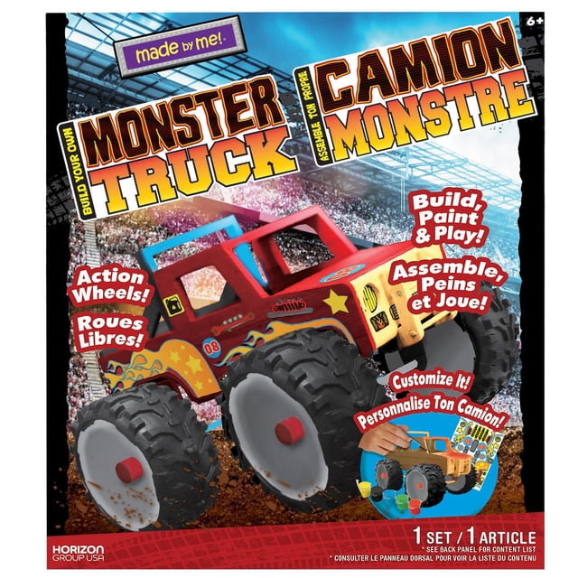 Made By Me Build Your Own Monster Truck kit with a red and yellow wooden monster truck featuring large black off-road wheels, flame decals, and number 08 stickers, including paint, stickers, glue, and instructions for assembly and customization, ideal for kids 6 and up.