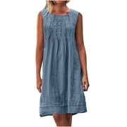 yoeyez Dresses for Women Plus Size Maxi Summer Cotton Linen Smocked Sun Dress Square Neck Sleeveless Pleated Dresses Loose Fit Solid Knee Length Dress Blue,XXL