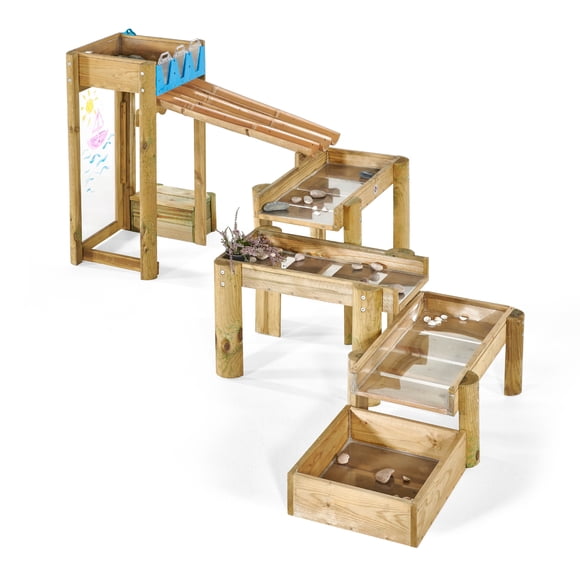 Plum Discovery Forest Water Run, STEAM learning, kids outdoor toys, kids outdoor play structure, toddler toys, 3 levels, 5 individual wooden reservoirs, racing gates, bamboo chutes, paintong screen