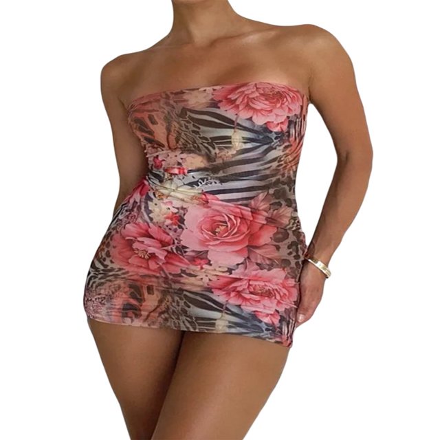 Femme Été hors Épaule Bustier Impression une Ligne Courte Robe Bandeau Cami